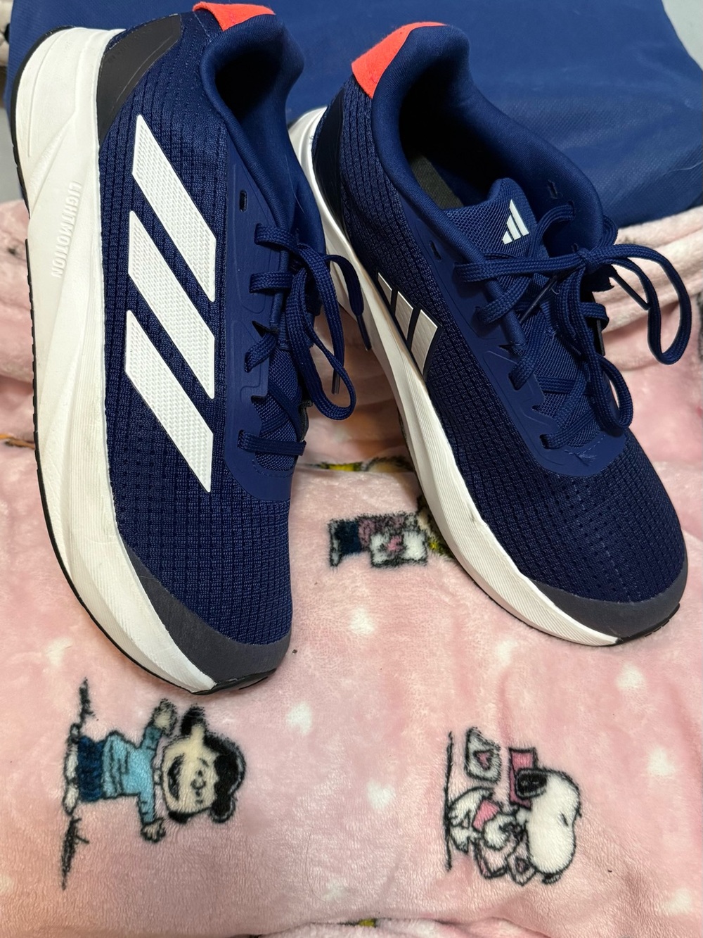 adidas Navy Running Shoes with White Stripes and Coral Heel Tab